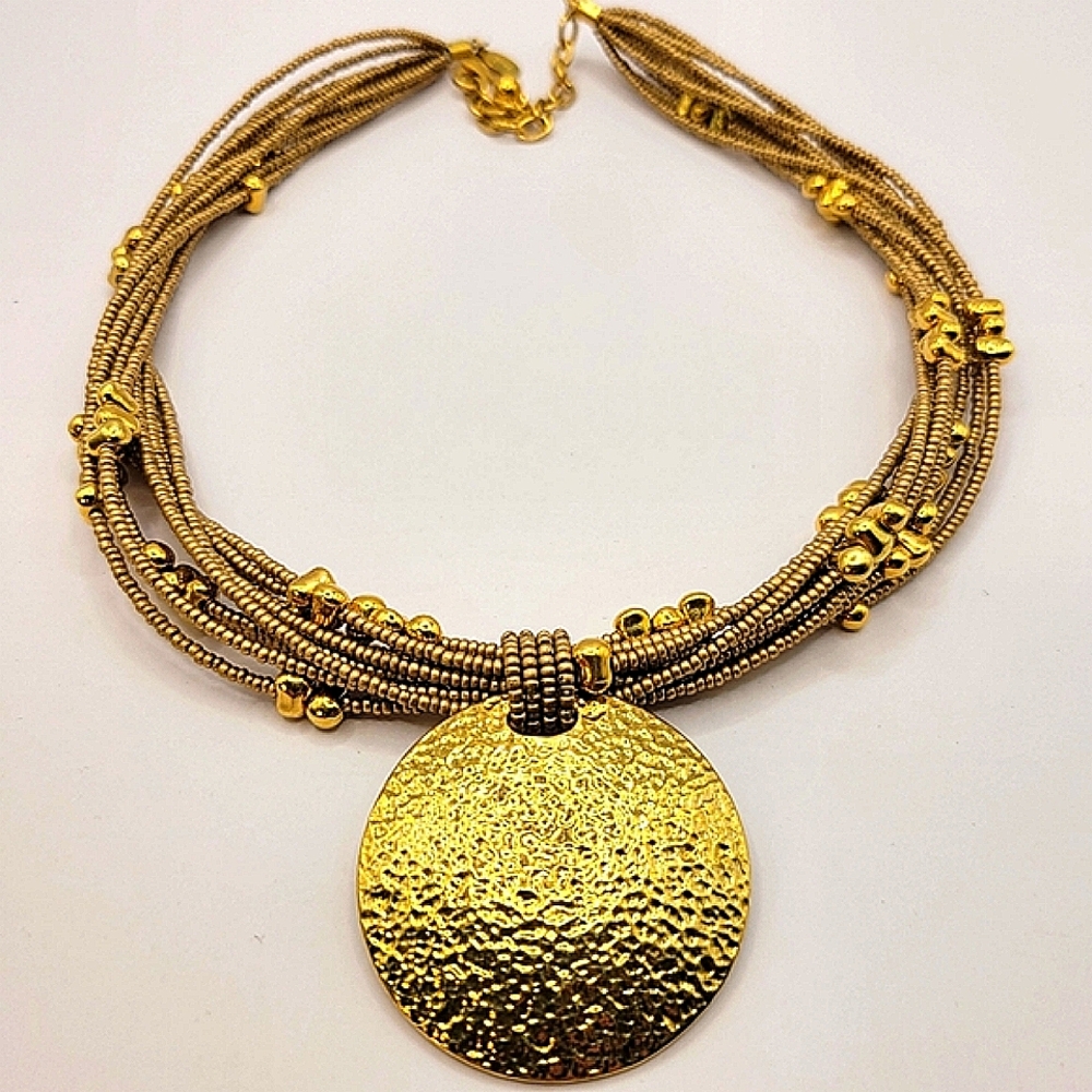 Joan Rivers Gold Tone Seed Bead Multistrand Disc Pendant Necklace Signed